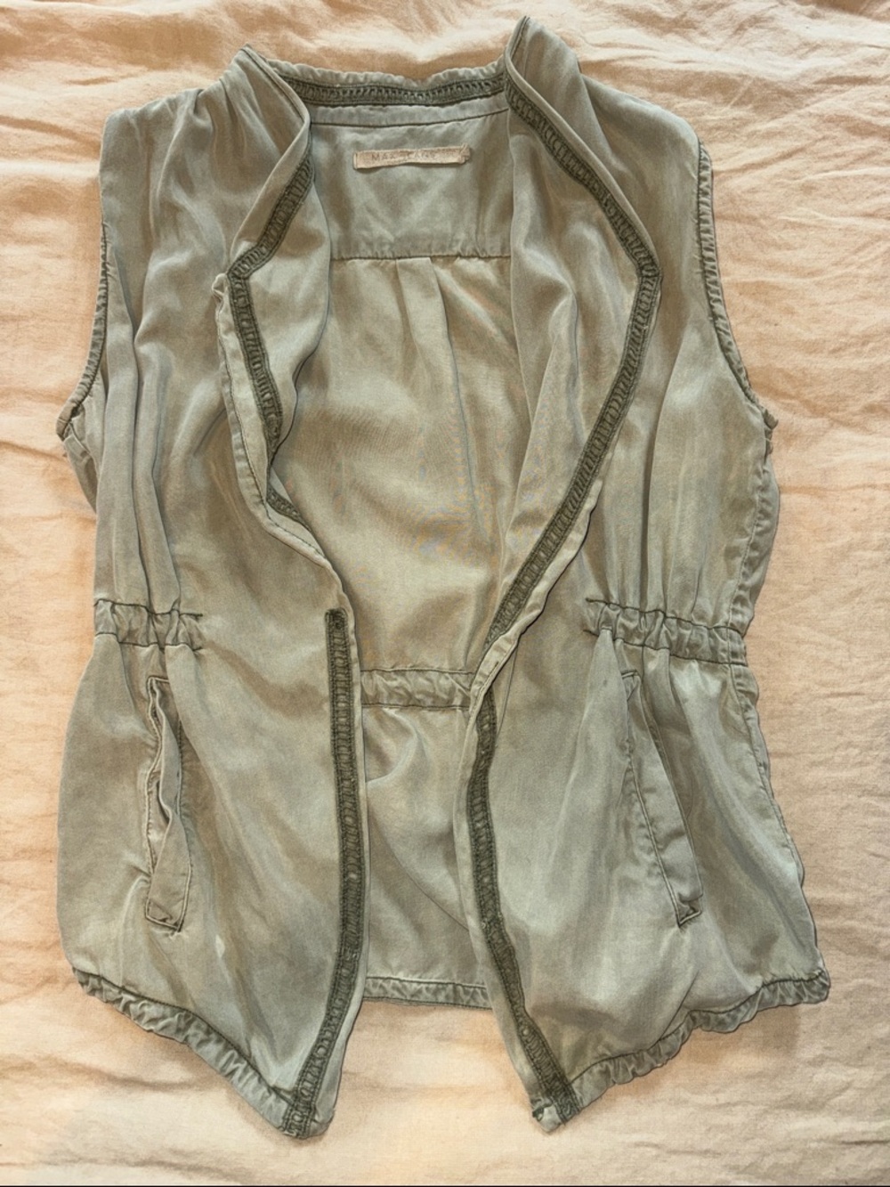 Max Jeans Light Olive Utility Vest with Drawstring Waist